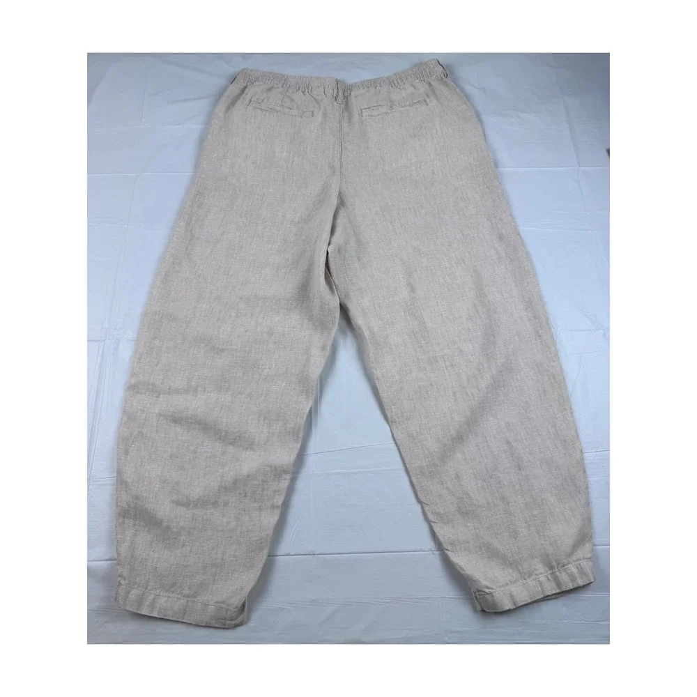 Lands End Womens 14 High Rise 100% Linen Pleated Wide Leg Pants Oatmeal Beige